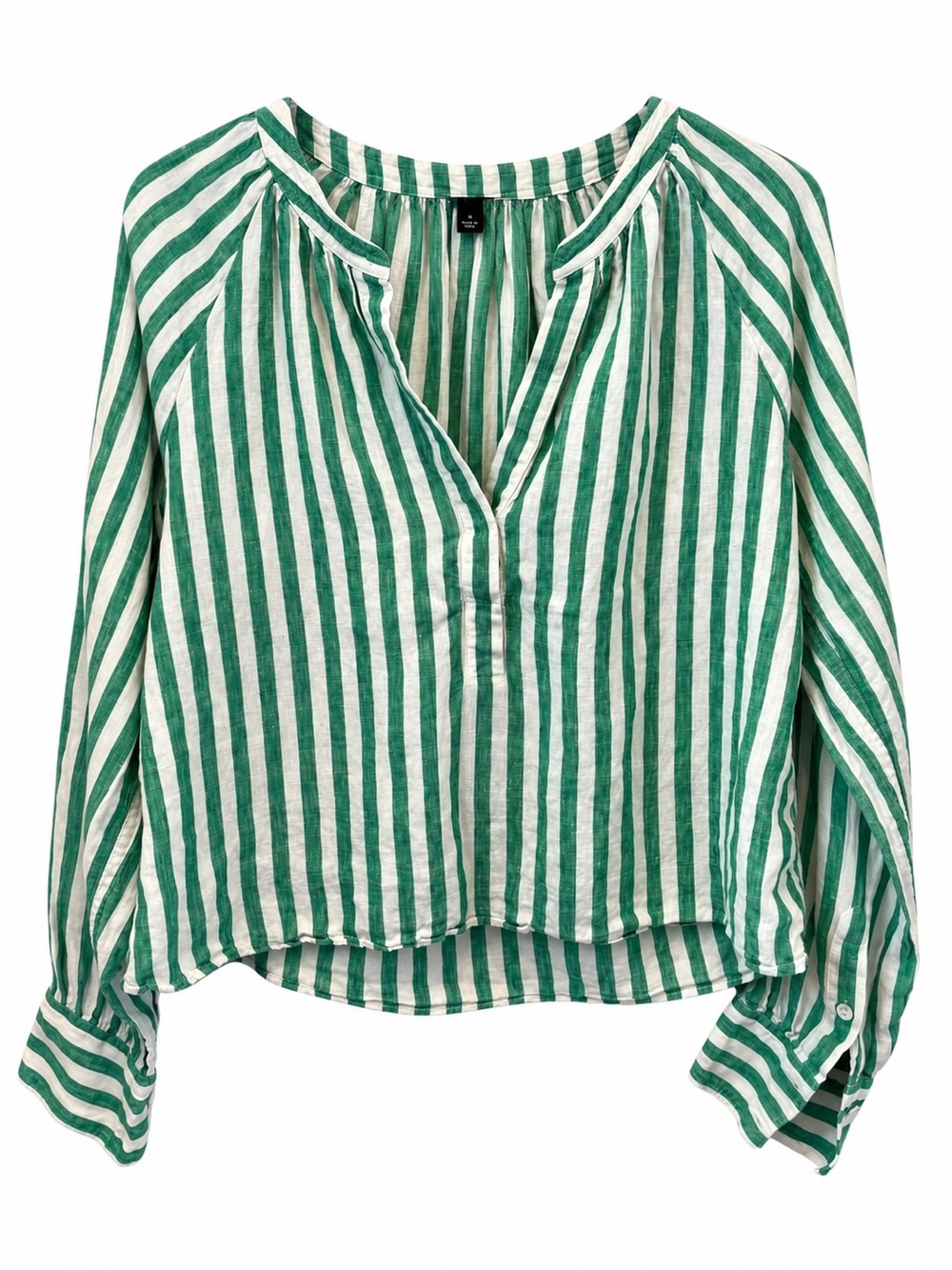 J. Crew Green and White Vertical-Stripe Peasant Blouse cropped. 100%linen size s